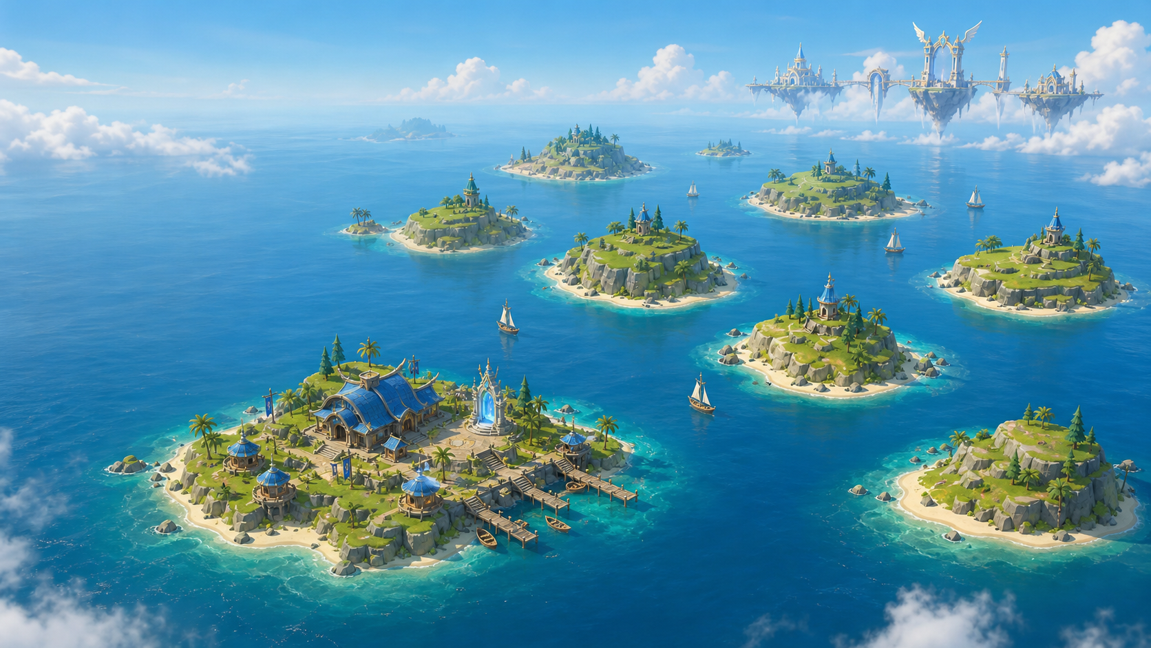 A stylized Aritelia atlas with The First Gate harbor, islands, turquoise sea, sailboats, and distant floating Elysium citadels.
